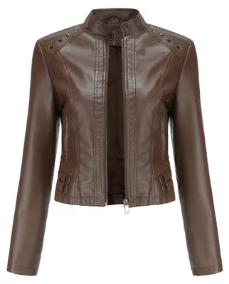 Produktbild von Kurze Damen-Lederjacke, Bikerjacke mit Stehkragen, Lederjacke mit Reißverschluss, Übergangsjacke für Herbst und Frühling