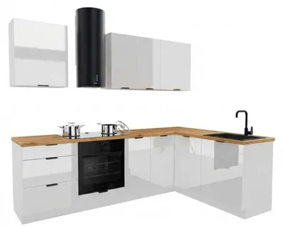 Produktbild von Küchenzeile - Küche L Form - 260x170 cm - Hochglanz weiß - MDF - mit brauner Arbeitsplatte - Soft-Close Funktion - DENIS