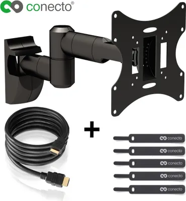 Produktbild von conecto LCD LED TV Fernseher Wandhalterung neigbar, schwenkbar und ausziehbar für 10-42 Zoll, schwarz, inkl. GRATIS HDMI-Kabel und Klett-Kabelbinder