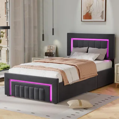 Produktbild von okwish Polsterbett 90x190 Jugendbett mit LED Beleuchtung,Einzelbett mit Schubladen und Rollen,Bettgestell Ausreichend Stauraum,Grau(ohne Matratze)