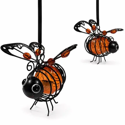 Produktbild von 2er-Set Solar Bienen Hängelampe, Metall Gartenleuchten, wasserdicht, orange – Solarlampe & Gartendeko für Baum & Terrasse