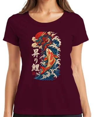 Produktbild von Japan Drache Karpfen Nobori Koi Welle Sonne Tattoo Y2K Irezumi Zen Damen T-Shirt, Burgundy, XL