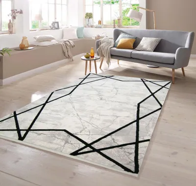 Produktbild von Marmorteppich geometrisches Muster creme schwarz Größe - 160 x 230 cm