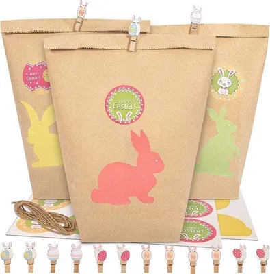 Produktbild von Tomivo® 12er Set Oster-Geschenktüten aus Kraftpapier – 28 x 15 x 9 cm, inkl. 4 Stickerbögen, 12 Holz-Hasenklammern & 1 Hanfschnur, lebensmittelecht, zum Selbstgestalten
