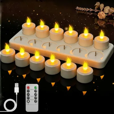 Produktbild von 12er LED Teelichter mit Ladestation, Fernbedienung, LED-Kerzen wiederaufladbar, flammenlos, Timer-Funktion, für Nachtlicht, Party, Wohnzimmer, Deko
