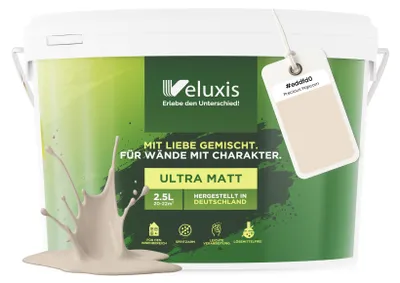 Produktbild von Wandfarbe Beige Creme Hellgrau Matt Innenfarbe – Deckkraft Klasse 1, VOC-frei, Ohne Grundierung, Tropfarm – Wohnzimmer & Schlafzimmer – 2,5L – Veluxis (Precious Popcorn)