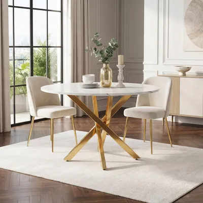 Obrázek produktu pro MODFU Kulatý jídelní stůl o průměru 80 cm s mramorovou deskou, zlatými nohami a moderním křížovým rámem. Elegantní kuchyňský stůl vhodný do jídelny, kuchyně i obývacího pokoje. Barva: zlato/bílá