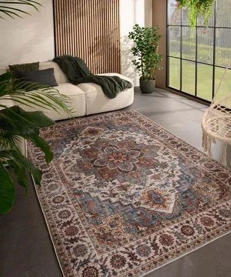 Image de Tapis d'extérieur vintage Unyqoos® Valenca Brio – Beige/Bleu clair, 120 x 160 cm, maille 3D, pour intérieur et extérieur, lavable