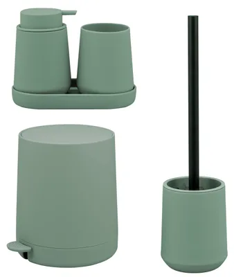 Produktbild von eluno Bad-Set TESERO 5tlg. mit Seifenspender, Becher, Schale, Kosmetikeimer 4 Liter und WC-Garnitur aus Kunststoff in Grün