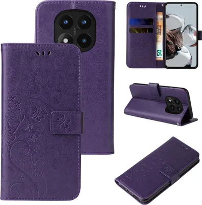 Produktbild von Handyhülle für Xiaomi Redmi Note 14 Pro 5G / 14 Pro+ 5G Floral Blumen Schmetterling Flip Cover Hülle Case Klapphülle Handytasche Farbe: Violett