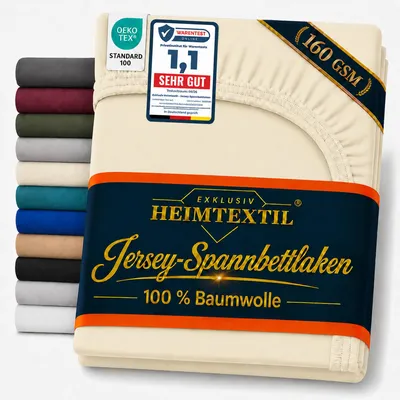 Produktbild von EXKLUSIV HEIMTEXTIL Jersey Spannbettlaken Deluxe 200 x 200 cm Naturweiss 160 GSM, 100% Baumwolle   Bed-Sheet Bettlaken Spannbetttuch Topper Leinentuch