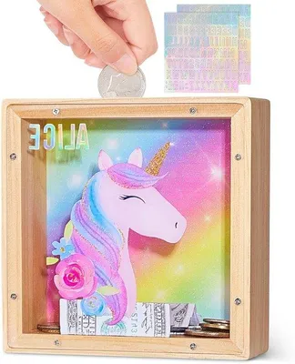 Zdjęcie produktu dla Drewniana skarbonka dla dzieci - skarbonka jednorożec z naklejkami z alfabetem DIY