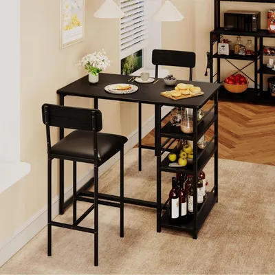 Image de Ensemble de 2 tabourets de bar rembourrés avec dossier Table de bar Pour cuisine Bistro, tables bistrot avec 3 étagères Noir