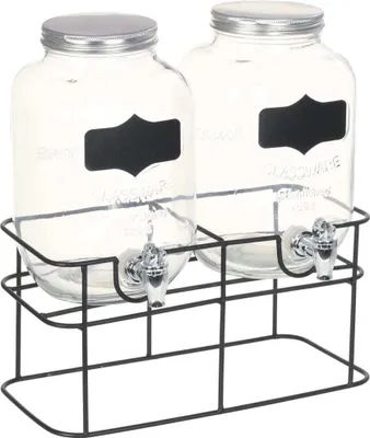 Two glass beverage dispensers with spigots and metal lids are shown on a black metal stand.