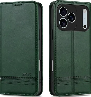 Produktbild von Leder Hülle für iPhone 17 Pro Max, Klapphüllen Brieftasche Magnetverschluss Ständer Schutzhülle Grün