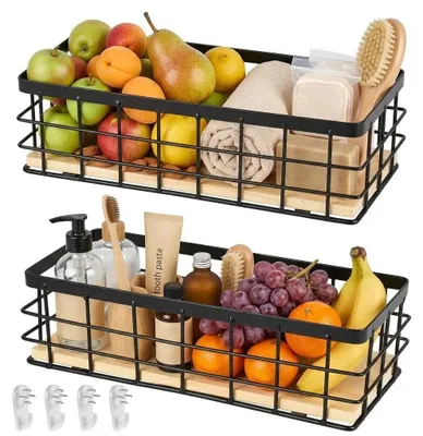 Productafbeelding van Draadmand - Metalen mand voor opslag - Fruitmand voor keuken en badkamer - Zwart - 29x13x10 cm - 2 stuks