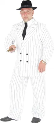 A man in a pinstripe suit and fedora holding a cigar.