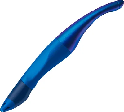 A blue pen with a curved shape is shown against a white background.