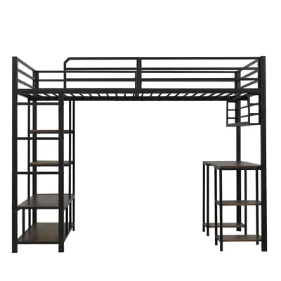 Produktbild von Flieks Etagenbett 120x200cm mit Schreibtisch und Regal, Kinderbett Hochbett mit Rausfallschutz und Lattenrost, Stockbett Schwarz