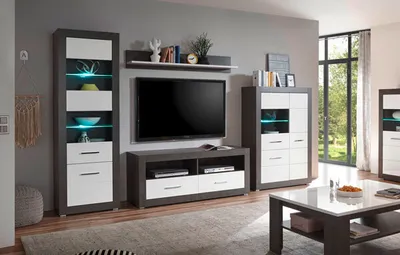 Produktbild von Etero Wohnwand 315cm dark concret / weiß Hochglanz Highboard Modern