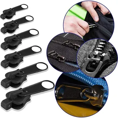 A collage of zipper repair parts and close-ups of zippers.