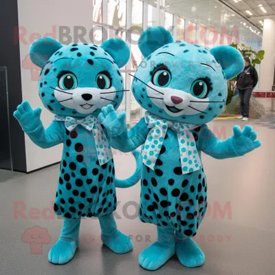 Produktbild von Cyan-Leopard REDBROKOLY Maskottchen kostüm gekleidet in ein Etuikleid und Haarnadeln