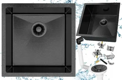 Produktbild von Granitan | Stahlspüle - Spülbecken 1-Kammer - 43,8x43,8 cm - Quadratisch - Schwarz - mit Siphon - Bari