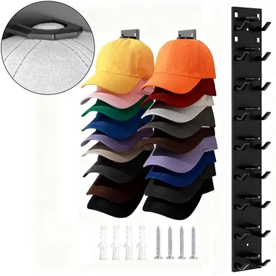 Produktbild von 2er Cap Wandhalterung,Halterung Kappen,Mützen Wand Halter,Praktische Hutablage mit Haken,Cap Organizer,Schwarz