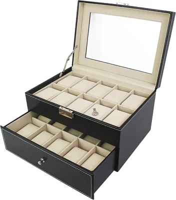 Productafbeelding van Horlogebox voor 20 horloges met lade en transparant kijkvenster, zwart en beige