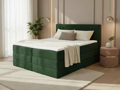 Produktbild von Boxspringbett Mollo XL mit 2 Bettkästen und Topper, mit Taschenfederkern- und Bonellfederkernmatratze, Doppelbett, Polsterbett aus Cordstoff mit Stauraum (Grün (Tilia 39), 160 x 200 cm)