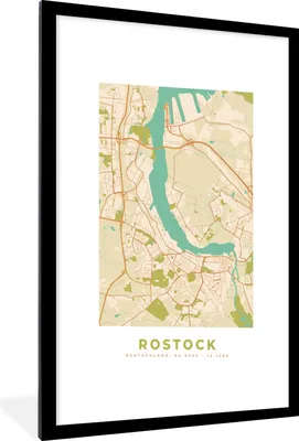 Produktbild von MuchoWow® Gerahmtes Poster Rostock - Karte - Stadtplan - Vintage 60x90 cm - Poster mit Schwarzem Bilderrahmen Wandposter Rahmen Foto Bilder - Dekoration - Wandposter Wohnzimmer - Hochwertig