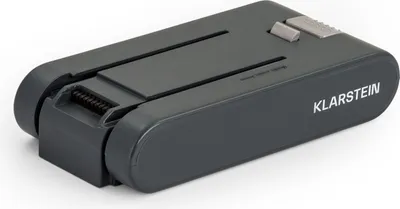 A product shot of a gray vacuum cleaner battery on a white background.
