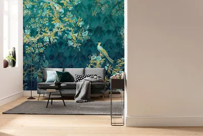 Zdjęcie produktu dla Sanders & Sanders fototapeta kwiaty i ptaki petrol blue 350 x 260 cm