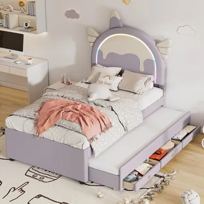 Obrázek produktu pro okwish Dětská postel nízká 90×200 cm s vyjímatelným rohovým lůžkem a 3-v-1 šuplíkem, polstrovaná postel pro chlapce a dívky, funkční jednolůžko s čelem ve tvaru jednorožce, fialové (bez matrace)