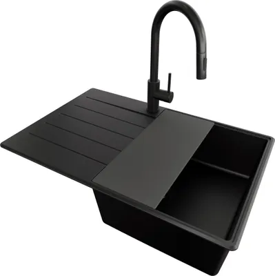 Produktbild von PRIMAGRAN Granitspüle Alles Schwarz 78x50cm, Spülbecken 1 Becken + Ablauf-Set + Küchenzubehörset, Küchenspüle ab 50er Unterschrank - Kopenhagen