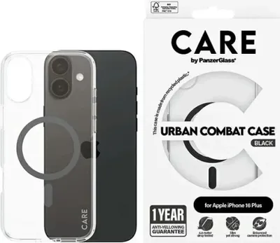 Zdjęcie produktu dla PanzerGlass CARE by ® Flagship Case Transparent Urban Combat m. Schwarz MagSafe iPhone 16 Plus, Pokrowiec, Apple, Apple - iPhone 16 Plus, Przezroczysty