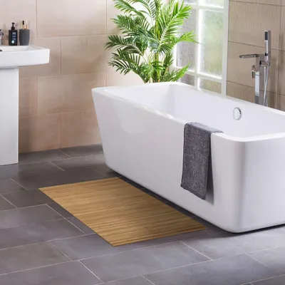 Produktbild von DE-COmmerce Bambus Badteppich LINES Nature 70x120cm – Bambus Badematte / Badvorleger, hygienisch & pflegeleicht, fußwarm, für Fußbodenheizung