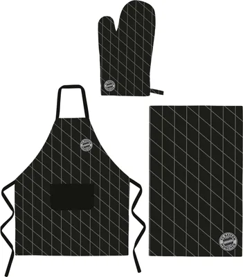 A set of three FC Bayern München branded kitchen accessories: an apron, an oven mitt, and a kitchen towel, all featuring a black background with a white diamond pattern and a circular logo.