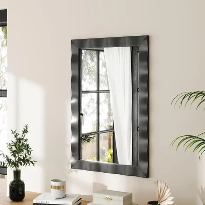 Produktbild von Wandspiegel 106 x 71,5 cm Rechteckig Massivholz-Rahmen Wellenrelief Schwarz