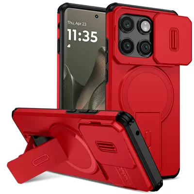 Produktbild von Magnetisch Hülle für Motorola Edge 2025, Dual Layer Stoßfest Handyhülle mit Dia Kameraschutz, Verstellbarem Ständer Rot