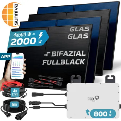 Zdjęcie produktu dla SUNNIVA® 2000W elektrownia balkonowa BIFAZIAL FULLBLACK kompletne gniazdo FOX ESS 800W falownik, system fotowoltaiczny, kabel 5m, Bluetooth WIFI