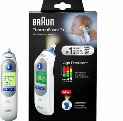 A Braun ThermoScan 7+ ear thermometer and its packaging are shown.