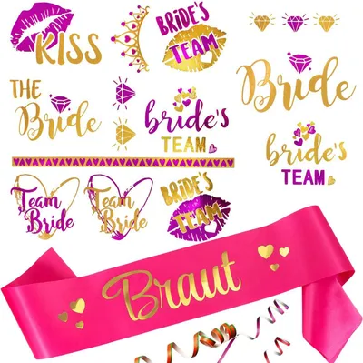 Produktbild von Oblique Unique JGA Hochzeit Accessoire Set - Braut Schärpe + Bride - Team Bride Tattoos pink gold