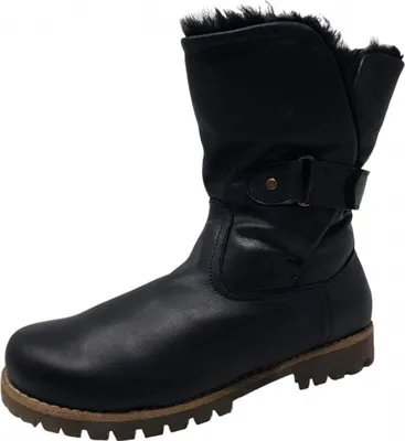A black leather boot with fur lining is shown against a white background.