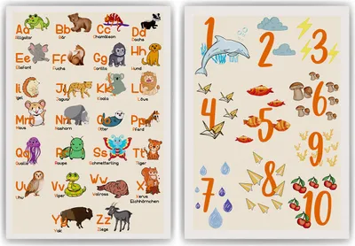 Produktbild von 2er Set Kinderposter Tiere ABC, Zahlen Lernposter Kinderzimmer Wandbilder Kindergarten Grundschule Alphabet Lernhilfe für Kinder – DIN A4 (21x29.7cm)