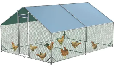 Image de Poulailler d'extérieur - Enclos pour volailles accessible - Dimensions : 3 x 4 x 1,95 mètres - Acier galvanisé - Toit étanche - Grande volière pour poules, canards et cailles - Couleur : gris argenté