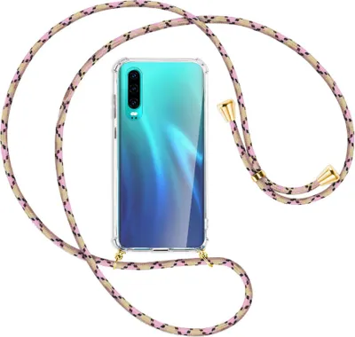 Produktbild von Handykette Backcover-Schutzhülle mit Band (Metall goldfarben) für Huawei P30 - rosa Karo