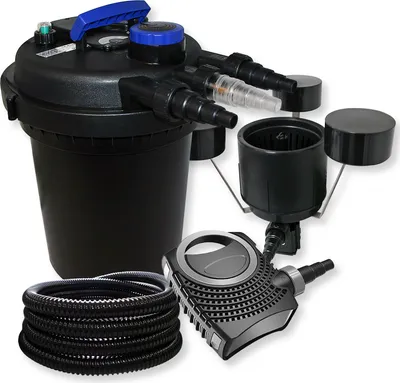 Image de SunSun Kit complet: CPF-180 Filtre de bassin à pression jusqu’à 6000 L avec 11 Watt lampe uv, CTF-8000 SuperECO pompe de filtration 8000l/h 70W, 25m Tuyau 25 mm, CSP-250 Écumeur 2500l/h 45W