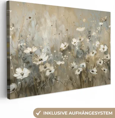 Produktbild von MuchoWow® - Leinwandbilder - Blumen - Weiß - Natur - Grau - Modern, Wandbild, Wanddeko Bilder Wohnzimmer, 60x40cm