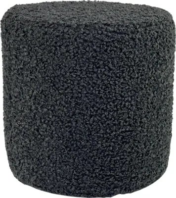 A dark gray, round bouclé ottoman is shown against a white background.